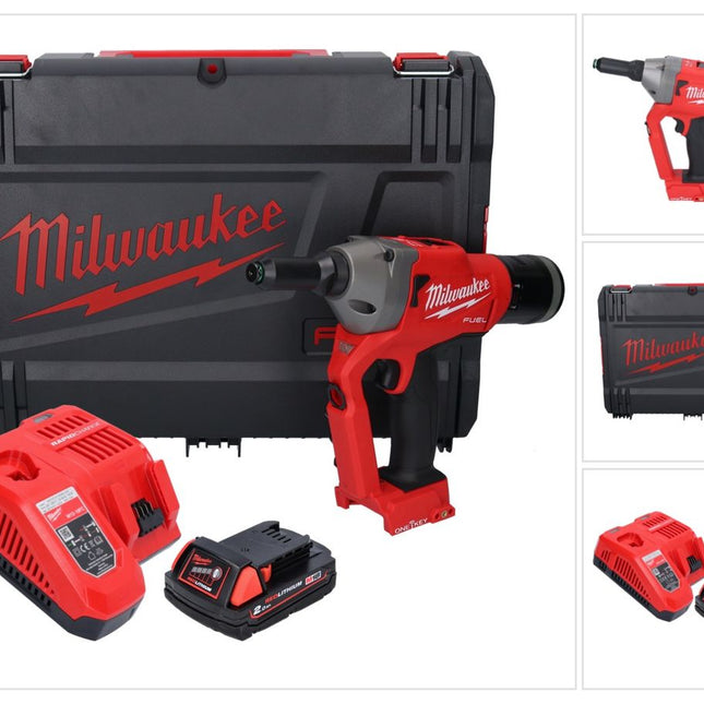 Riveteuse aveugle sur batterie Milwaukee M18 ONEFPRT-201X 18 V 20 kN sans balais + 1x batterie 2,0 Ah + chargeur + boîtier HD
