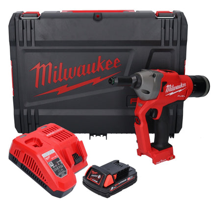 Riveteuse aveugle sur batterie Milwaukee M18 ONEFPRT-201X 18 V 20 kN sans balais + 1x batterie 2,0 Ah + chargeur + boîtier HD