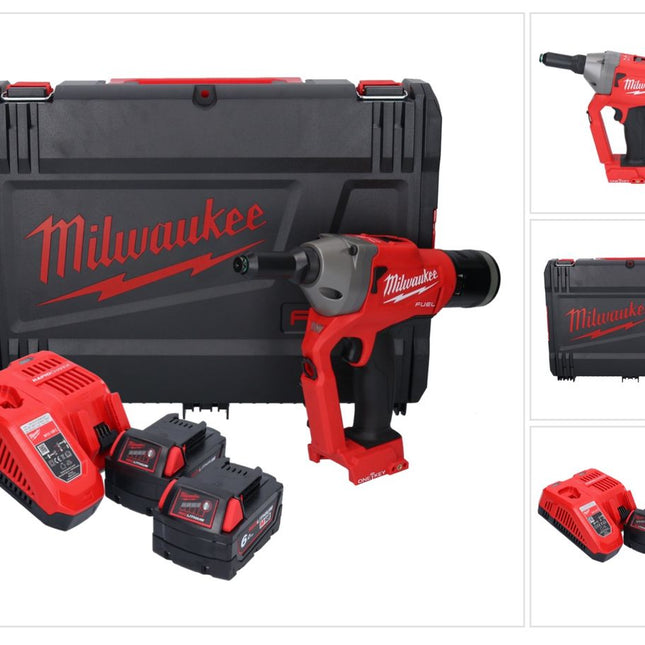 Riveteuse aveugle sur batterie Milwaukee M18 ONEFPRT-602X 18 V 20 kN sans balais + 2x batterie 6,0 Ah + chargeur + boîtier HD