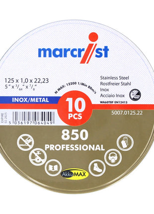 Marcrist 850 Inox Disque à tronçonner spécial ultra-mince 10 pièces 115 x 1,0 x 22,23 mm ( 5007.0125.22 ) pour meuleuses angulaires