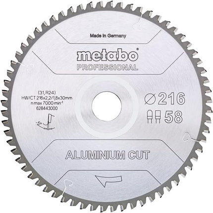 Metabo Aluminium Cut - Professional Lame de scie circulaire 216 x 30 mm Z58 FZ/TZ 5 NEG ( 628443000 ) pour aluminium