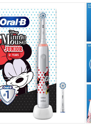 Brosse à dents électrique Oral-B Junior Minnie Mouse Electric Toothbrush pour les enfants à partir de 6 ans Contrôle de la pression à 360° 2 modes de brossage inclus, minuteur, blanc + 2 brossettes de rechange