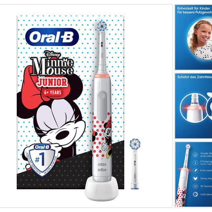 Brosse à dents électrique Oral-B Junior Minnie Mouse Electric Toothbrush pour les enfants à partir de 6 ans Contrôle de la pression à 360° 2 modes de brossage inclus, minuteur, blanc + 2 brossettes de rechange