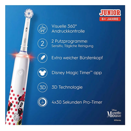 Brosse à dents électrique Oral-B Junior Minnie Mouse Electric Toothbrush pour les enfants à partir de 6 ans Contrôle de la pression à 360° 2 modes de brossage inclus, minuteur, blanc + 2 brossettes de rechange