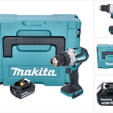 Makita DHP 489 T1J Perceuse-visseuse à percussion sans fil 18 V 73 Nm Brushless + 1x batterie 5,0 Ah + Makpac - sans chargeur