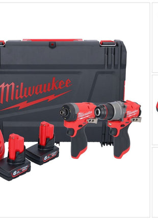 Milwaukee M12 FPP2A2-602X Kit combiné ( 4933480588 ) Perceuse-visseuse à percussion sans fil M12 FPD2 45 Nm + M12 FID2 Clé à choc sans fil 170 Nm 1/4'' Brushless + 2x batterie 6,0 Ah + chargeur + HD-Box