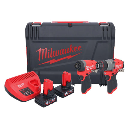 Milwaukee M12 FPP2A2-602X Kit combiné ( 4933480588 ) Perceuse-visseuse à percussion sans fil M12 FPD2 45 Nm + M12 FID2 Clé à choc sans fil 170 Nm 1/4'' Brushless + 2x batterie 6,0 Ah + chargeur + HD-Box