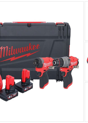 Milwaukee M12 FPP2A2-402X Kombo Set ( 4933480587 ) Perceuse-visseuse à percussion sans fil M12 FPD2 45 Nm + M12 FID2 Visseuse à percussion sans fil 170 Nm 1/4'' Brushless + 2x batterie 4,0 Ah + chargeur + HD-Box