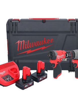 Milwaukee M12 FPP2A2-402X Kombo Set ( 4933480587 ) Perceuse-visseuse à percussion sans fil M12 FPD2 45 Nm + M12 FID2 Visseuse à percussion sans fil 170 Nm 1/4'' Brushless + 2x batterie 4,0 Ah + chargeur + HD-Box