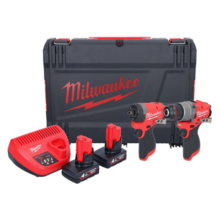 Milwaukee M12 FPP2A2-402X Kombo Set ( 4933480587 ) Perceuse-visseuse à percussion sans fil M12 FPD2 45 Nm + M12 FID2 Visseuse à percussion sans fil 170 Nm 1/4'' Brushless + 2x batterie 4,0 Ah + chargeur + HD-Box
