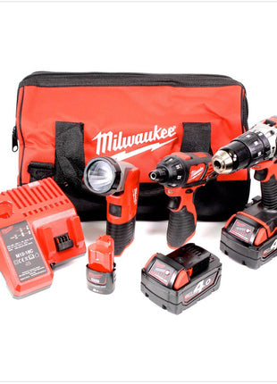 Milwaukee M18 Set TJ2 - 423 B mit Milwaukee M18 BPD 18 V und M12 BSD 12 V + Lagegerät mit 2 x 18 V Akku und 1 x 12 V Akku in Tasche - Toolbrothers