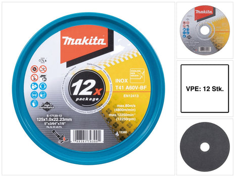 Makita E-17120-12 Disques à tronçonner INOX 125 x 1,0 x 22,23 mm A60V-BF 12 pces en boîte