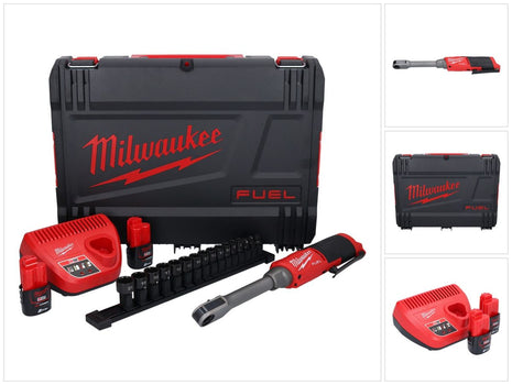 Milwaukee M12 FPTR-202X batería mediante carraca 12 V 81 Nm 1/4" 3/8" brushless (4933480754) + 2x batería 2.0 Ah + cargador + caja HD