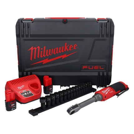Milwaukee M12 FPTR-202X Cliquet traversant sans fil 12 V 81 Nm 1/4'' 3/8'' Brushless ( 4933480754 ) + 2x batterie 2,0 Ah + chargeur + boîtier HD