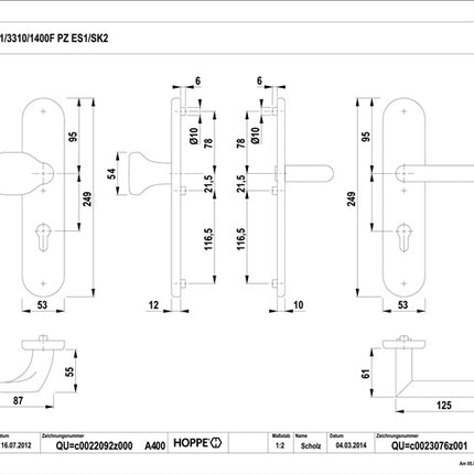 HOPPE Garniture coupe-feu Amsterdam FS-E86G/3331/3310/1400F acier inoxydable F69 D/K ( 3000220044 )