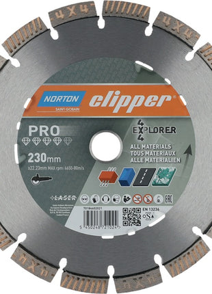 NORTON CLIPPER Disque à tronçonner diamant 4 x 4 Explorer D. 230 mm perçage de 22,23 mm ( 4000818801 )