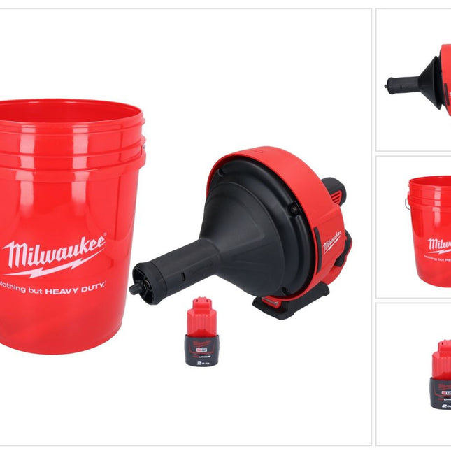 Appareil de nettoyage de tuyaux sur batterie Milwaukee M12 BDC8-201C 12 V + 1x batterie 2,0 Ah + spirale + seau - sans chargeur