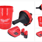 Appareil de nettoyage de tuyaux sur batterie Milwaukee M12 BDC8-202C 12 V + 2x batteries 2,0 Ah + chargeur + spirale + seau