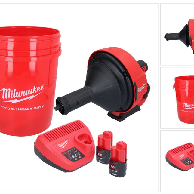 Appareil de nettoyage de tuyaux sur batterie Milwaukee M12 BDC8-202C 12 V + 2x batteries 2,0 Ah + chargeur + spirale + seau