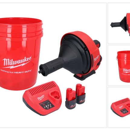 Appareil de nettoyage de tuyaux sur batterie Milwaukee M12 BDC8-252C 12 V + 2x batteries 2,5 Ah + chargeur + spirale + seau