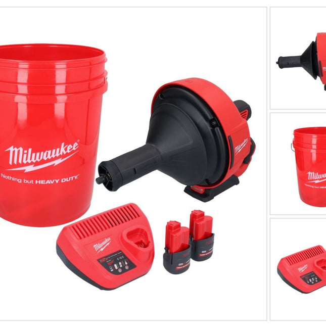 Appareil de nettoyage de tuyaux sur batterie Milwaukee M12 BDC8-252C 12 V + 2x batteries 2,5 Ah + chargeur + spirale + seau