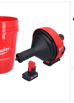 Milwaukee M12 BDC8-401C Akku Rohrreinigungsgerät 12 V + 1x Akku 4,0 Ah + Spirale + Eimer - ohne Ladegerät