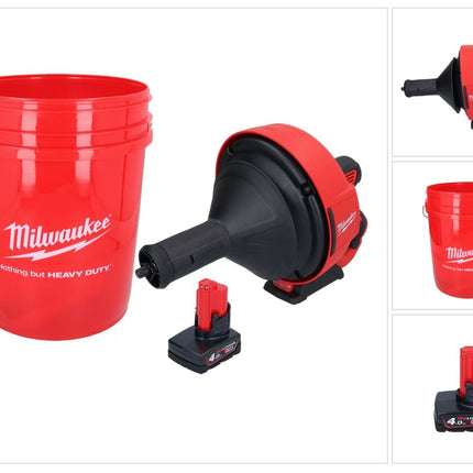 Appareil de nettoyage de tuyaux sur batterie Milwaukee M12 BDC8-401C 12 V + 1x batterie 4,0 Ah + spirale + seau - sans chargeur