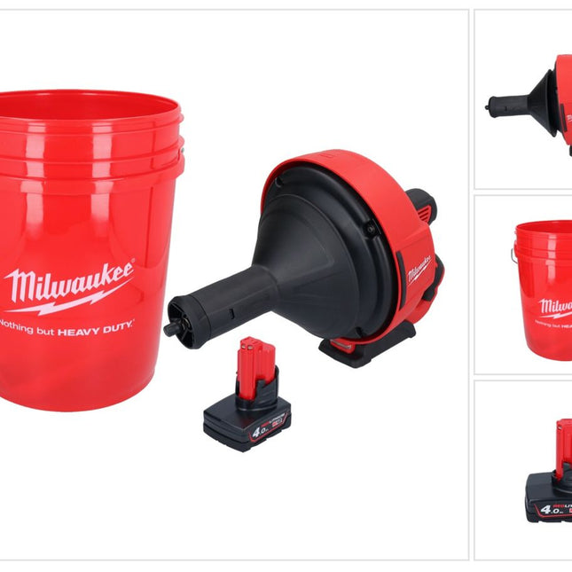 Appareil de nettoyage de tuyaux sur batterie Milwaukee M12 BDC8-401C 12 V + 1x batterie 4,0 Ah + spirale + seau - sans chargeur