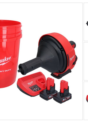 Milwaukee M12 BDC8-402C akumulatorowy udrażniacz rur 12 V + 2x akumulator 4,0 Ah + ładowarka + spirala + wiadro