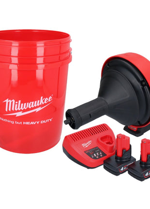 Milwaukee M12 BDC8-402C akumulatorowy udrażniacz rur 12 V + 2x akumulator 4,0 Ah + ładowarka + spirala + wiadro