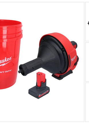 Limpiador de tuberías a batería Milwaukee M12 BDC8-501C 12 V + 1x batería 5,0 Ah + espiral + cubo - sin cargador