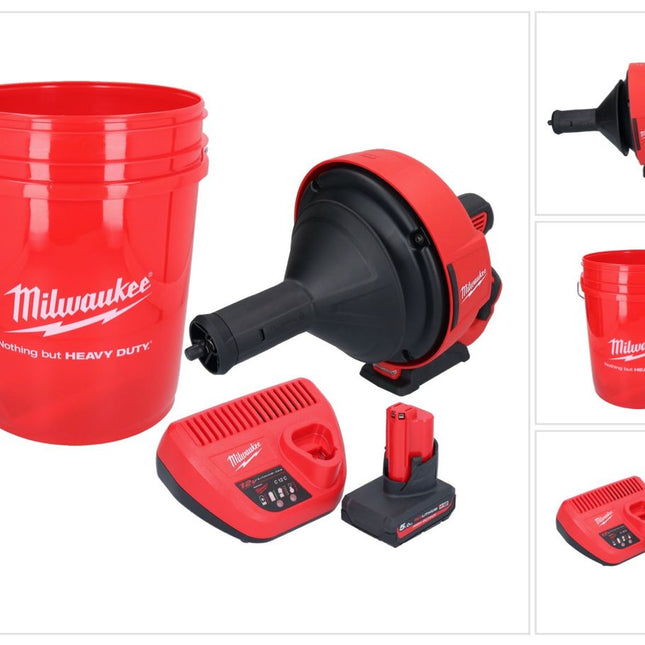 Appareil de nettoyage de tuyaux sur batterie Milwaukee M12 BDC8-501C 12 V + 1x batterie 5,0 Ah + chargeur + spirale + seau