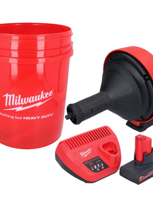 Appareil de nettoyage de tuyaux sur batterie Milwaukee M12 BDC8-501C 12 V + 1x batterie 5,0 Ah + chargeur + spirale + seau