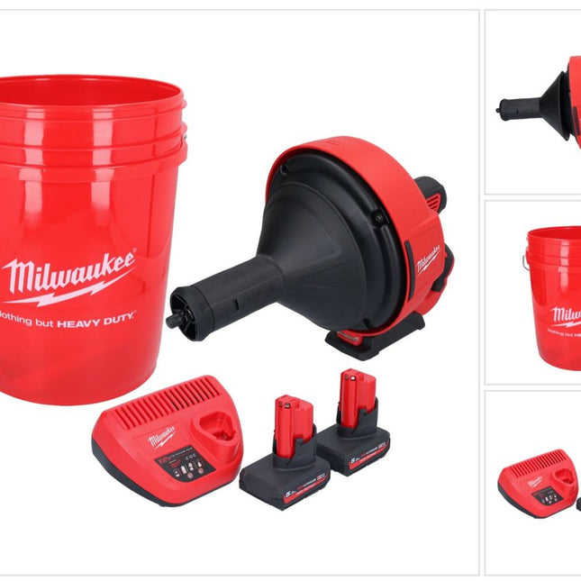 Appareil de nettoyage de tuyaux sur batterie Milwaukee M12 BDC8-502C 12 V + 2x batteries 5,0 Ah + chargeur + spirale + seau