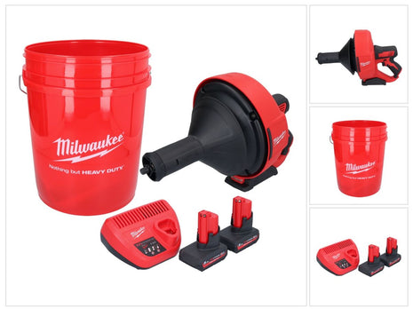 Appareil de nettoyage de tuyaux sur batterie Milwaukee M12 BDC8-502C 12 V + 2x batteries 5,0 Ah + chargeur + spirale + seau