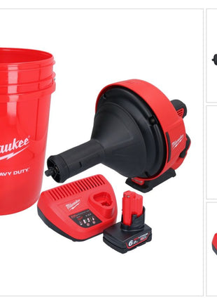 Limpiador de tuberías a batería Milwaukee M12 BDC8-601C 12 V + 1x batería 6,0 Ah + cargador + espiral + cubo