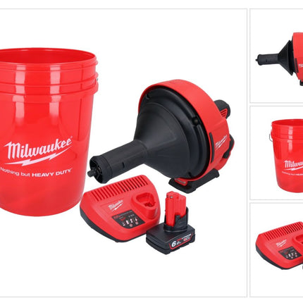 Appareil de nettoyage de tuyaux sur batterie Milwaukee M12 BDC8-601C 12 V + 1x batterie 6,0 Ah + chargeur + spirale + seau