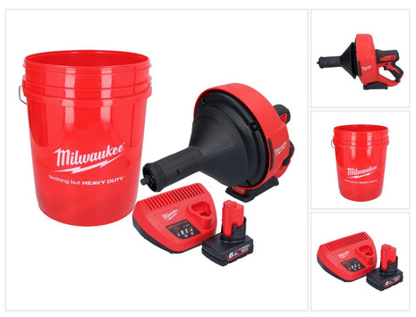 Milwaukee M12 BDC8-601C Akumulatorowa wyciorarka do rur 12 V + 1x akumulator 6,0 Ah + ładowarka + spirala + wiadro