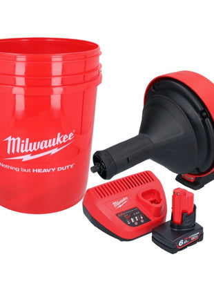 Limpiador de tuberías a batería Milwaukee M12 BDC8-601C 12 V + 1x batería 6,0 Ah + cargador + espiral + cubo