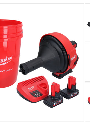 Limpiador de tuberías a batería Milwaukee M12 BDC8-602C 12 V + 2x baterías 6,0 Ah + cargador + espiral + cubo