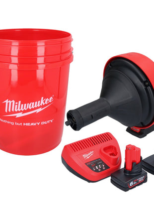 Limpiador de tuberías a batería Milwaukee M12 BDC8-602C 12 V + 2x baterías 6,0 Ah + cargador + espiral + cubo