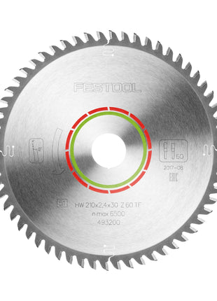 Hoja de sierra circular Festool HW 210x2,4x30 TF60 LAMINADO/HPL (493200) 210 x 2,4 x 30 mm 60 dientes para laminado, paneles revestidos, vidrio acrílico, paneles de resina de melamina y materiales de superficie sólida