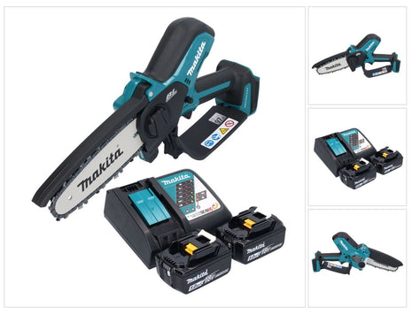 Makita DUC 150 RT201 tronçonneuse à chaîne sans fil 18 V 15 cm Brushless + 2x batterie 5,0 Ah + chargeur