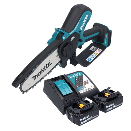 Makita DUC 150 RT201 Tronçonneuse à chaîne sans fil 18 V 15 cm Brushless + 2x batterie 5,0 Ah + chargeur