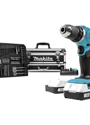 Taladro atornillador inalámbrico Makita DF 457 DWEX2 18 V 42 Nm Serie G + 2 baterías 1,5 Ah + cargador + set de accesorios 70 piezas + maletín