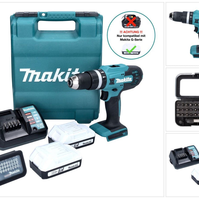 Makita HP 488 D011 Perceuse-visseuse à percussion sans fil 18 V 42 Nm série G + 2x batterie 1,5 Ah + chargeur + 31 pcs. jeu d'embouts + Coffret