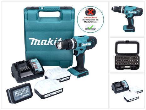 Makita HP 488 D011 Perceuse-visseuse à percussion sans fil 18 V 42 Nm série G + 2x batterie 1,5 Ah + chargeur + 31 pcs. jeu d'embouts + Coffret