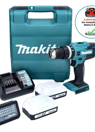 Makita HP 488 D011 Perceuse-visseuse à percussion sans fil 18 V 42 Nm série G + 2x batterie 1,5 Ah + chargeur + 31 pcs. jeu d'embouts + Coffret