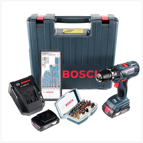 Bosch GSB 18-2-Li Plus Professional 18 V Akku Schlagbohrschrauber mit 2 x 1,5 Ah Akkus + Ladegerät + Bit- & Bohrer-Set im Koffer - Toolbrothers