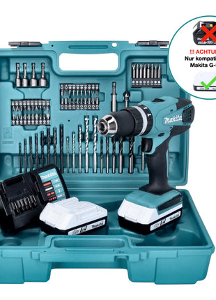 Makita HP 457 DWE10 Akku Schlagbohrschrauber 18 V 42 Nm G-Serie + 2x Akku 1,5 Ah + Ladegerät + 74 tlg. Bit Bohrer Set + Koffer - Toolbrothers